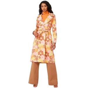 Show Me Your Mumu Nancy Trench Coat Retro Garden Floral Orange Pink Brown Small